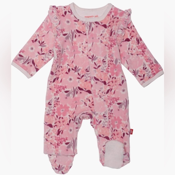 NWT Magnetic Me Pink and Purple Floral Ruffle Velour Footie 6/9M - Picture 6 of 6